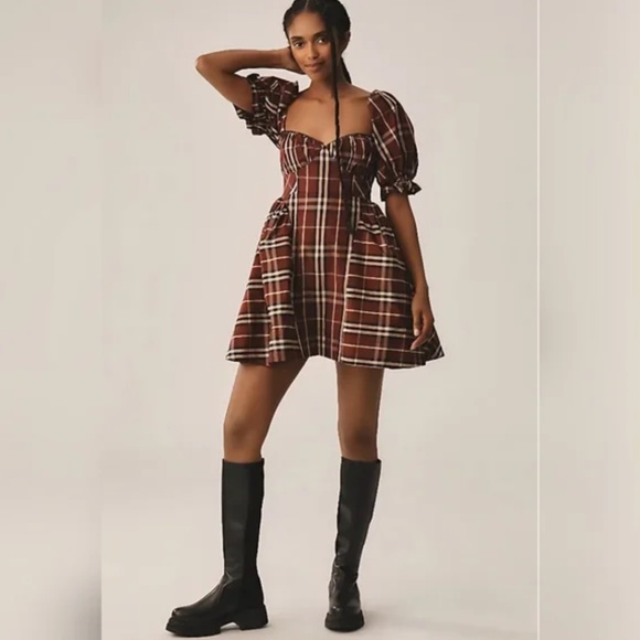 Maeve Anthropologie Puff Sleeve Plaid Mini Dress - Picture 1 of 7